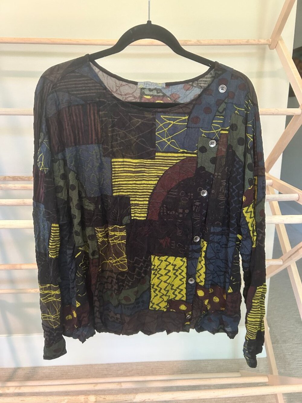 Chalet et Ceci Abstract Patchwork Asymmetric Button Top L Made in USA